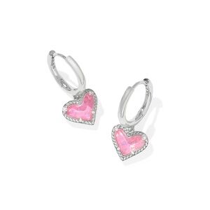 Kendra Scott Ari Heart Silver Huggie Earrings in Pink Iridescent Glitter Glass